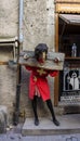 France, CarcassonneÃ¢â¬â AUGUST 28, 2014. View of a mannequin of a medieval knight in stocks in the castle of Carcassonne